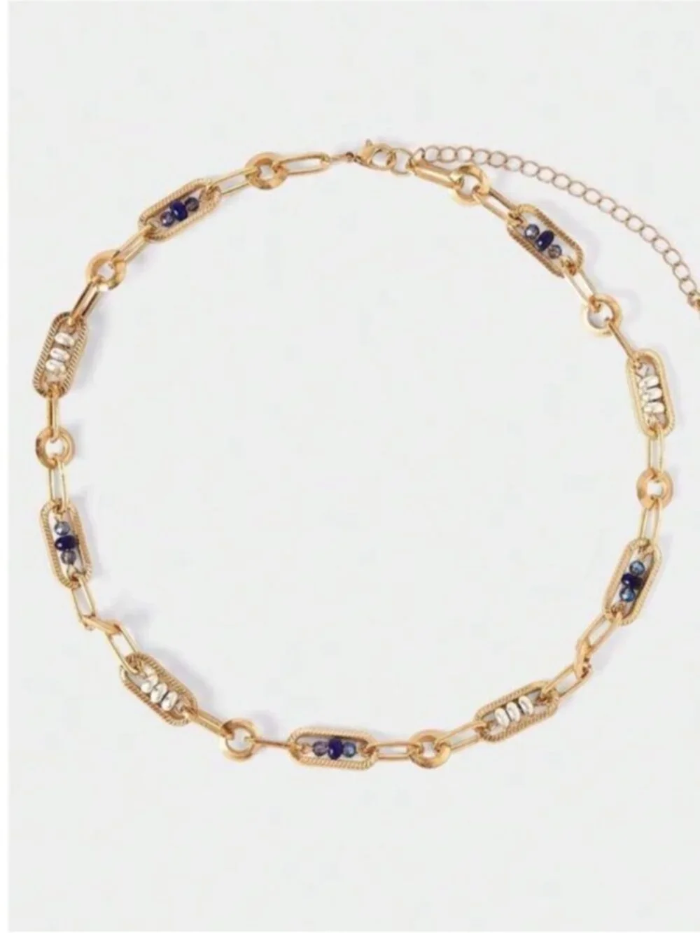 New! Gold Pearl Link Blue Beaded Necklace NWOT (4003)